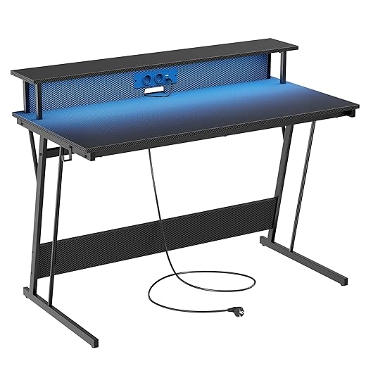 Bureau Gaming Vasagle – LED, Multiprise, Rehausseur d’Écran, 60 x 120 x 76 cm, Noir Carbone