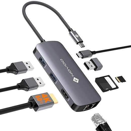 NOVOO Adaptateur USB C vers HDMI, 8-en-1 Hub USB C vers Ethernet Gigabit
