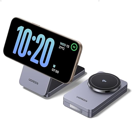 UGREEN MagFlow Qi2 15W Chargeur Induction 2 en 1 Certifié Pliable Compatible avec MagSafe